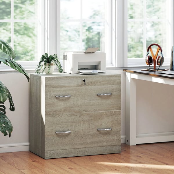 Arkivskåp - Kontorsmöbel - Två lådor - För A4-hängmappar - Lås med 2 nycklar - Trä - Utan hjul - Mått 77×42×72 cm - Brun