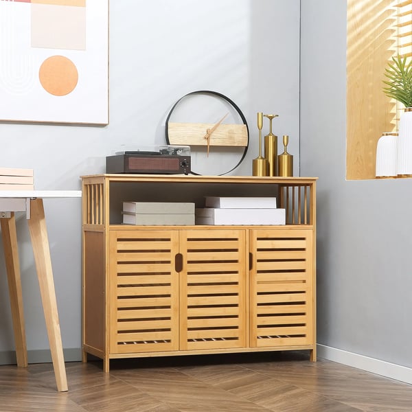 Skänk i bambu - Sideboard - 3 Lamelldörrar - Hyllor - Modern stil - 100x35x82 cm - Vit