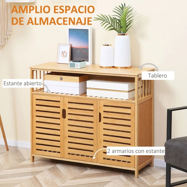 Skänk i bambu - Sideboard - 3 Lamelldörrar - Hyllor - Modern stil - 100x35x82 cm - Vit