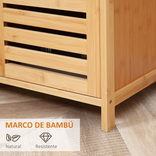 Skänk i bambu - Sideboard - 3 Lamelldörrar - Hyllor - Modern stil - 100x35x82 cm - Vit