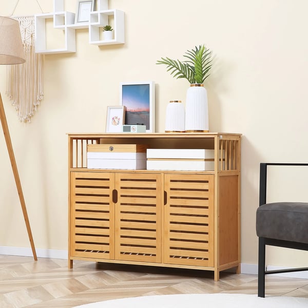 Skänk i bambu - Sideboard - 3 Lamelldörrar - Hyllor - Modern stil - 100x35x82 cm - Vit