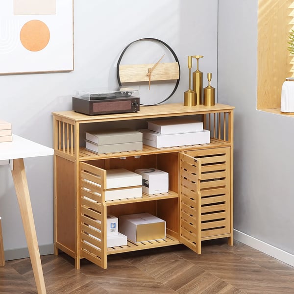 Skänk i bambu - Sideboard - 3 Lamelldörrar - Hyllor - Modern stil - 100x35x82 cm - Vit