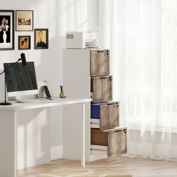 Arkivskåp - Lådskåp - 4 Lådor - Lås med 2 Nycklar - Hängmappar A4/Letter - 129x40x39,4 cm - Trä - Utan hjul - Vit