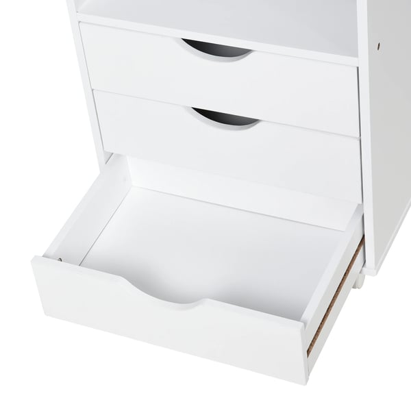 Kontorsförvaring - Rullhurts - Med 3 lådor - Med 4 öppna hyllor - Med hjul - Storlek 38x40x86,8 cm - Vit
