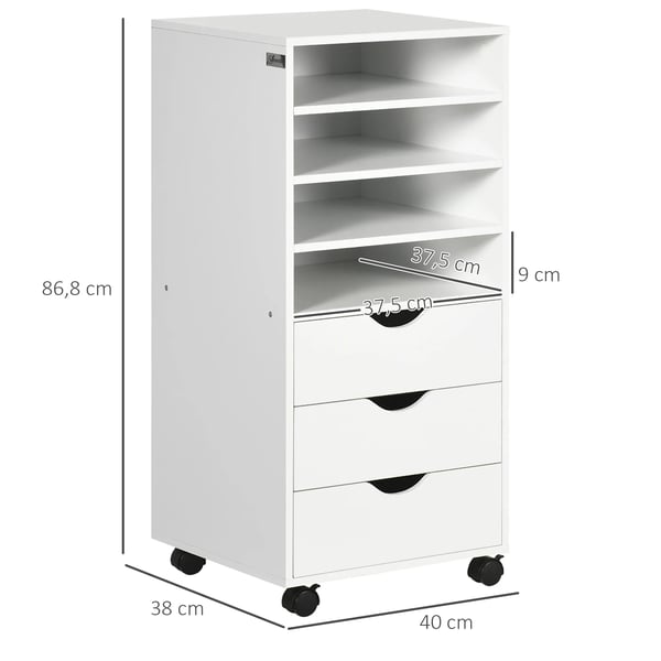 Kontorsförvaring - Rullhurts - Med 3 lådor - Med 4 öppna hyllor - Med hjul - Storlek 38x40x86,8 cm - Vit