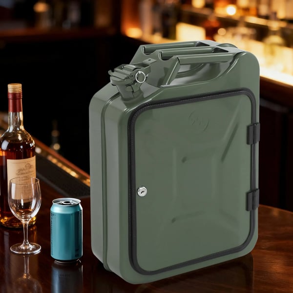 Jerrycan-minibar - Bärbar whisky/vinbar - 35×15,5×47 cm - Kallvalsat stål & trä - Sprutmålad - Armégrön