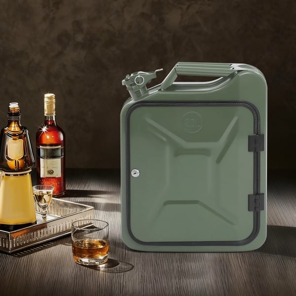 Jerrycan-minibar - Bärbar whisky/vinbar - 35×15,5×47 cm - Kallvalsat stål & trä - Sprutmålad - Armégrön