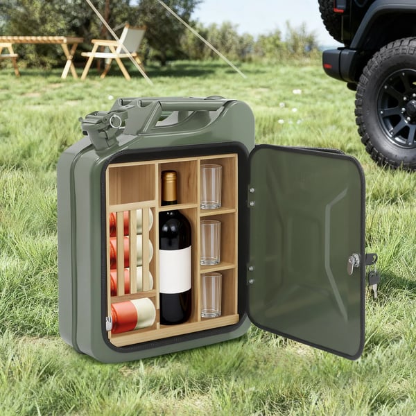 Jerrycan-minibar - Bärbar whisky/vinbar - 35×15,5×47 cm - Kallvalsat stål & trä - Sprutmålad - Armégrön