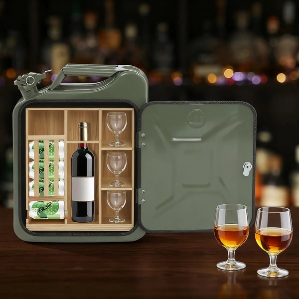 Jerrycan-minibar - Bärbar whisky/vinbar - 35×15,5×47 cm - Kallvalsat stål & trä - Sprutmålad - Armégrön