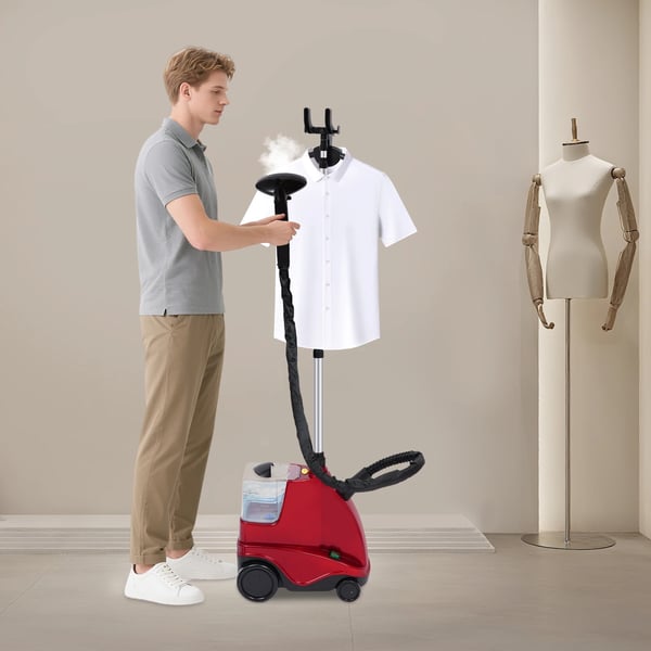 Vertikal klädsteamer - Stående ångare - 1600 W, 3 L tank, 120 °C, 3 nivåer, teleskopstång 0,8–1,8 m, EU-kontakt - Röd