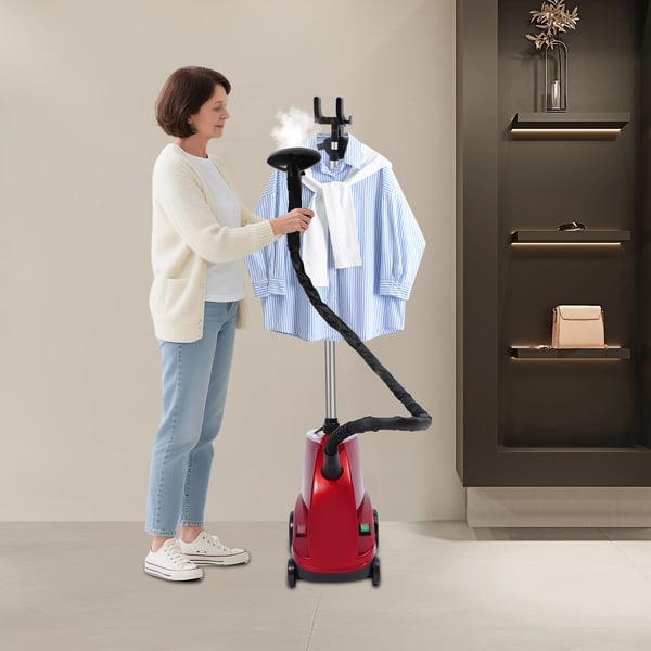 Vertikal klädsteamer - Stående ångare - 1600 W, 3 L tank, 120 °C, 3 nivåer, teleskopstång 0,8–1,8 m, EU-kontakt - Röd