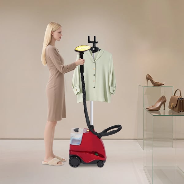 Vertikal klädsteamer - Stående ångare - 1600 W, 3 L tank, 120 °C, 3 nivåer, teleskopstång 0,8–1,8 m, EU-kontakt - Röd