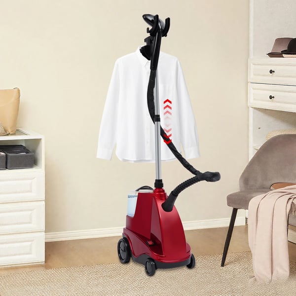 Vertikal klädsteamer - Stående ångare - 1600 W, 3 L tank, 120 °C, 3 nivåer, teleskopstång 0,8–1,8 m, EU-kontakt - Röd