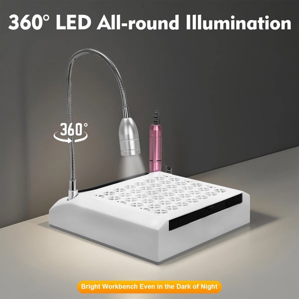 Neglemaskine - Bordmodel 4-i-1 - 80W - Negledrill/neglesliber med 6 slibehoveder - 6000K LED - ABS & silikone - Hvid