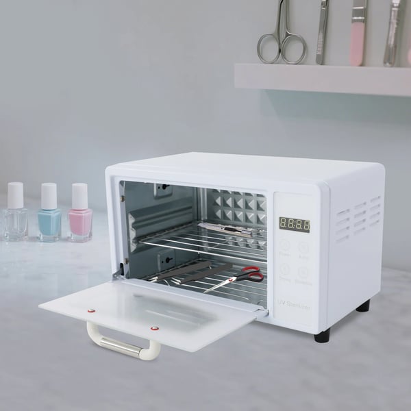 Sterilisatorskab til negleværktøj - Varmluft 75°C - 10 L - 160 W - Rustfrit stål & hærdet glas - 33,5×22×20 cm - Hvid