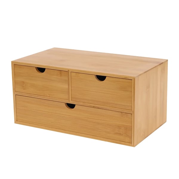 Bambus skrivebordsorganizer - Skuffeboks - Naturlig Bambus - 3 Skuffer - Fritstående - Ingen Montering - Mål 33×19×16 cm - Sort