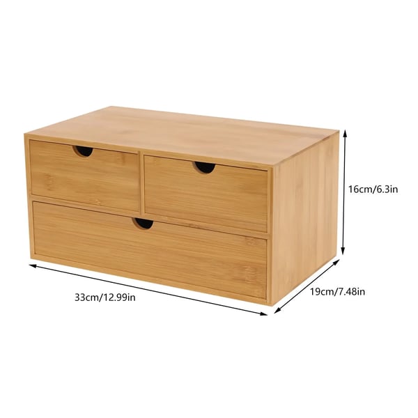 Bambus skrivebordsorganizer - Skuffeboks - Naturlig Bambus - 3 Skuffer - Fritstående - Ingen Montering - Mål 33×19×16 cm - Sort