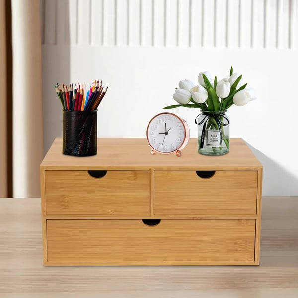 Bambus skrivebordsorganizer - Skuffeboks - Naturlig Bambus - 3 Skuffer - Fritstående - Ingen Montering - Mål 33×19×16 cm - Sort