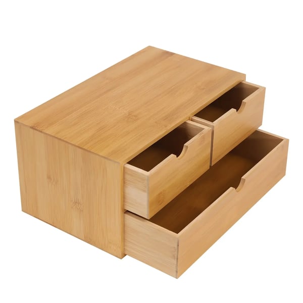 Bambus skrivebordsorganizer - Skuffeboks - Naturlig Bambus - 3 Skuffer - Fritstående - Ingen Montering - Mål 33×19×16 cm - Sort