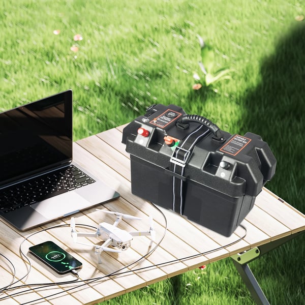 Batterikasse - Til båd/autocamper/camping - Realtidsovervågning - Dobbelte USB-porte - Høj kapacitet - Sikker opladning - Sort