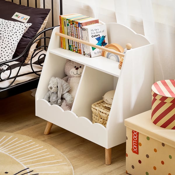 Børnebogreol - KMB100-K-W - 3 Rum - Montessori Lav Opbevaring - 61×71×35 cm - Hvid - Samling Kræves