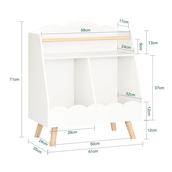 Børnebogreol - KMB100-K-W - 3 Rum - Montessori Lav Opbevaring - 61×71×35 cm - Hvid - Samling Kræves