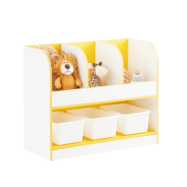 Lasten kirjahylly ja lelujen säilytys - Hylly/kaappi - 3 koria ja lokeroita - 70×58×30 cm - Kokoaminen vaaditaan - Valkoinen