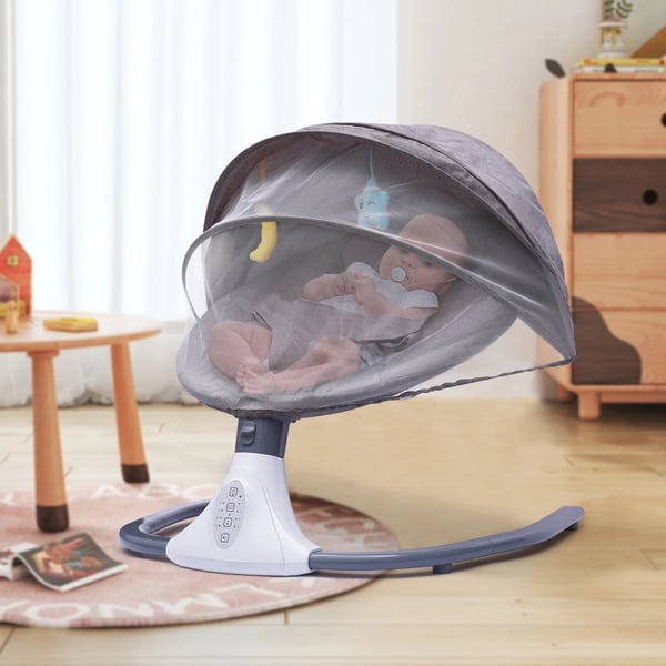 Babygynge - Elektrisk babyvippe - Fjernbetjening - Bluetooth/USB-musik - Aftageligt net - 0–18 mdr - Maks 20 kg - Grå