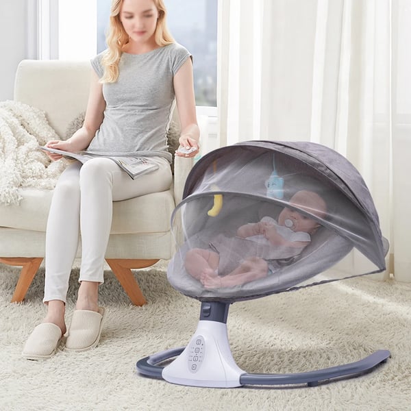 Babygynge - Elektrisk babyvippe - Fjernbetjening - Bluetooth/USB-musik - Aftageligt net - 0–18 mdr - Maks 20 kg - Grå