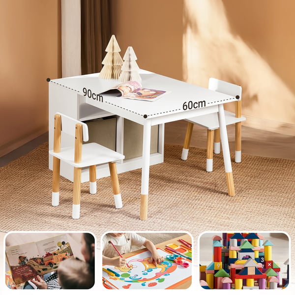 Børnebord med 2 stole - Lege- & aktivitetsbord - Med opbevaring - Multifunktion - Kræver montering - Hvid
