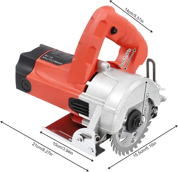 Sten- og flisesav - Mini rundsav - Effekt 1,58 kW - Omdrejningstal 13.000 omdr./min - Klinge 11 cm - Skæredybde 0–3,4 cm - Vertikal - Rød/Sort