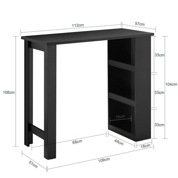Köksbarbord FWT17-II - Hög bardisk/matbord - 3 hyllor - 112x106x57 cm - Svart
