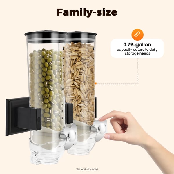 Korn- og myslidispenser - Dobbeltkammer Vægmonteret - 3 l Kapacitet - Transparent - Til nødder, kaffebønner, slik - Sort