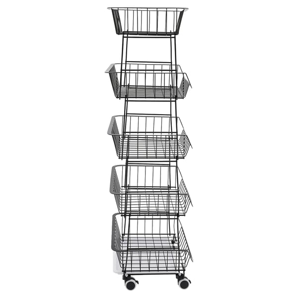 Opbevaringsvogn - Rullevogn 5‑niveau kurvstativ - Gulvstående - Med hjul - Køkken/badeværelse - Frugt & snacks - Sort
