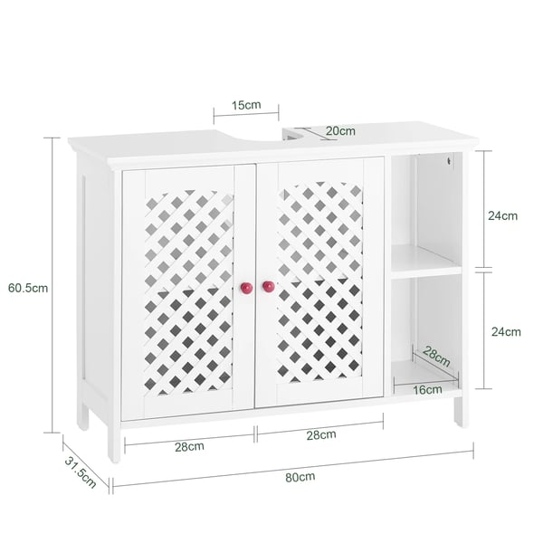 BZR210-W - Underskab til Håndvask - 2 Døre - Åben Hylde - Justerbar Hylde - 80 x 31,5 x 60,5 cm - Hvid