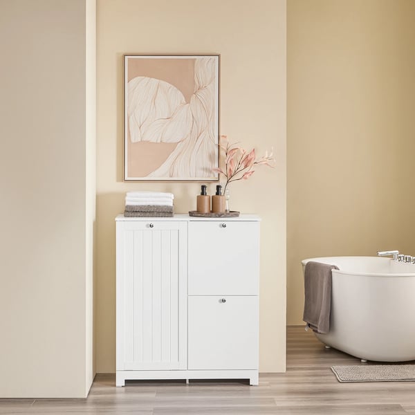 Badskab med vasketøjssortering - BZR213-W - 3 Vasketøjskurve (1 Stor, 2 Stofkurve) - 78×38×90 cm - Selvmontering - Hvid