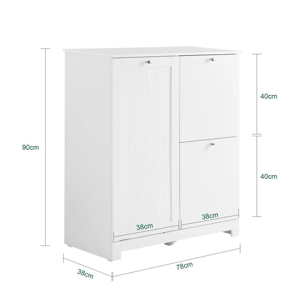Badskab med vasketøjssortering - BZR213-W - 3 Vasketøjskurve (1 Stor, 2 Stofkurve) - 78×38×90 cm - Selvmontering - Hvid