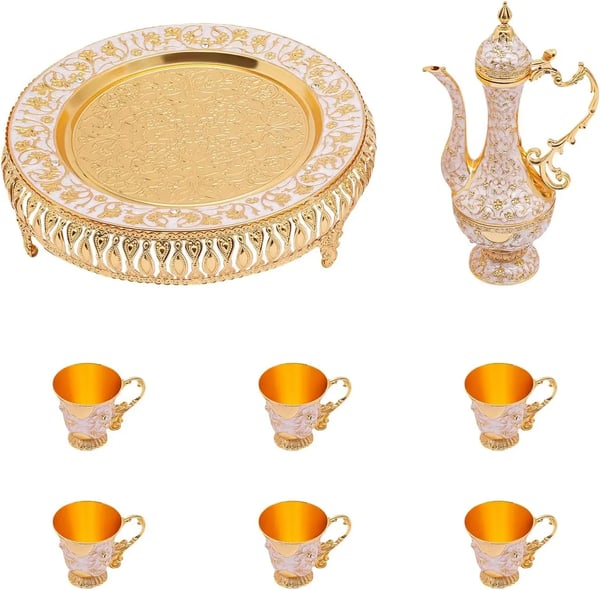 Kaffe- og tesæt - Russisk samovar sæt - Metal - 6 luksus kopper - Håndlavet bakke - Vintage