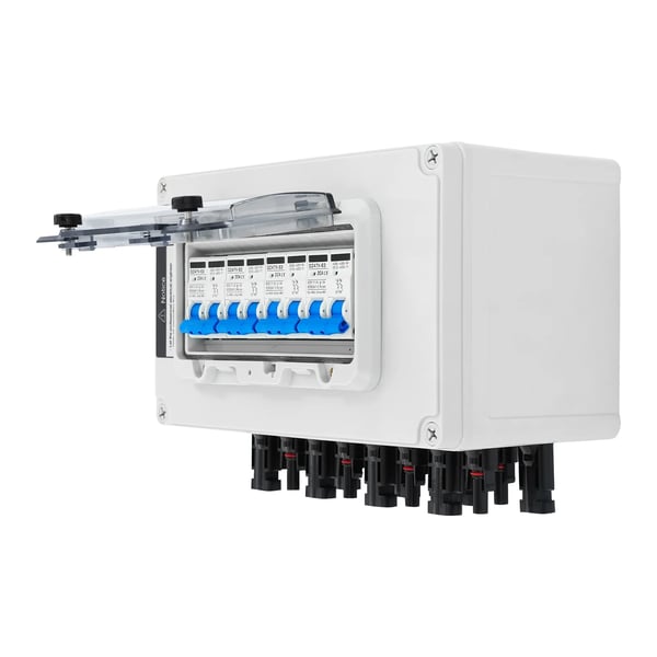 PV solcelle samleboks - 2 in 2 out - 15A DC-afbryder - DC 12–400V - IP67 vandtæt - Overspændingsbeskyttelse 40kA 400V DC - Hvid