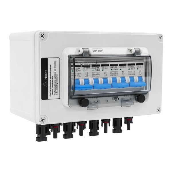 PV solcelle samleboks - 2 in 2 out - 15A DC-afbryder - DC 12–400V - IP67 vandtæt - Overspændingsbeskyttelse 40kA 400V DC - Hvid