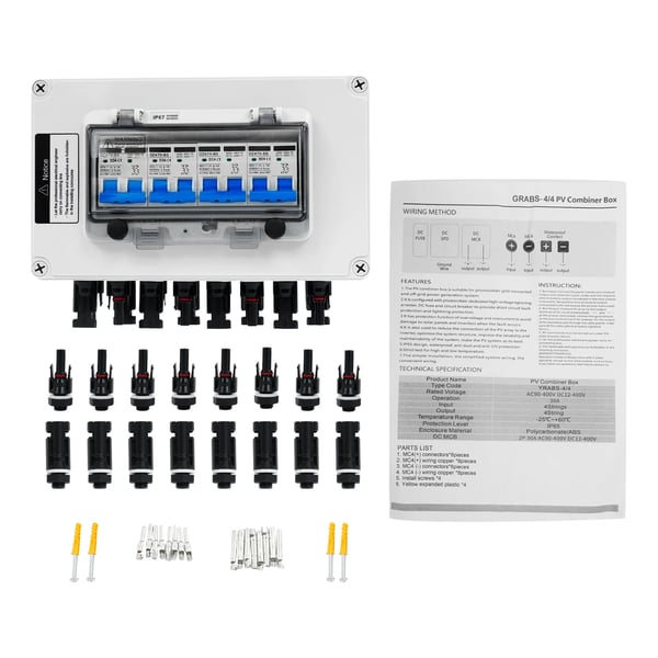 Solcelle kombineringsboks - 2 ind/2 ud - 30A DC-afbryder - DC 12–400V - IP67 Vandtæt - 40 kA Overspændingsbeskyttelse - Beige