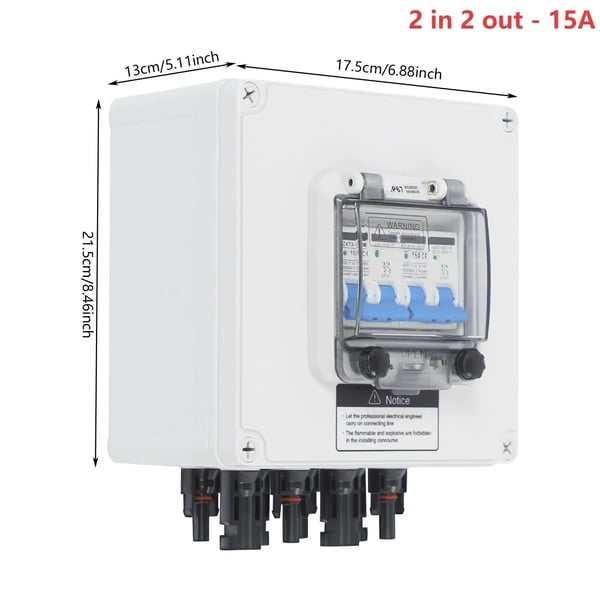 PV solcelle samleboks - 2 in 2 out - 15A DC-afbryder - DC 12–400V - IP67 vandtæt - Overspændingsbeskyttelse 40kA 400V DC - Hvid