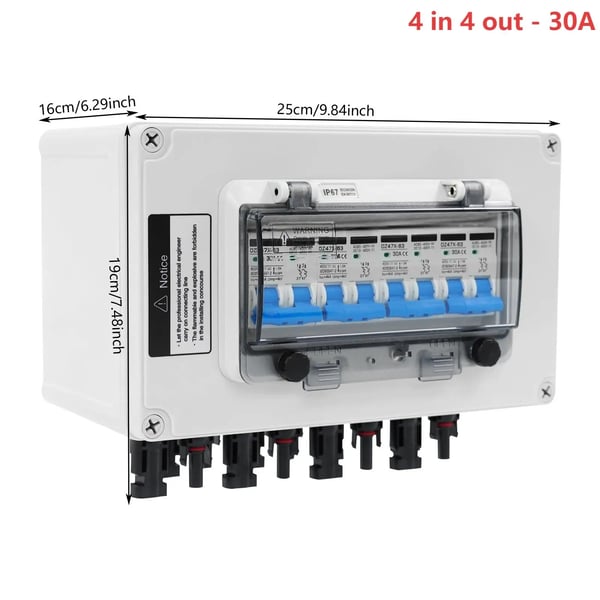 PV solcelle kombineringsboks - 4 indgange/4 udgange 30A - DC 12–400 V - IP67 Vandtæt - Overspændingsbeskyttelse 40 kA - DC-afbryder - Elfenben
