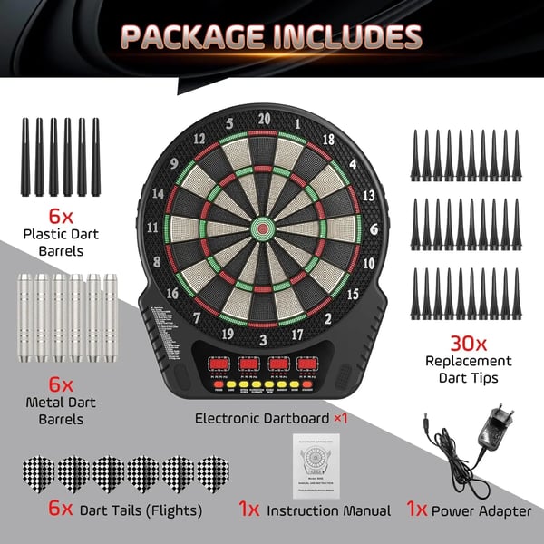Elektronisk dartskive - 6 pile - 27 spiltilstande - 243 varianter - Op til 16 spillere - Hvid