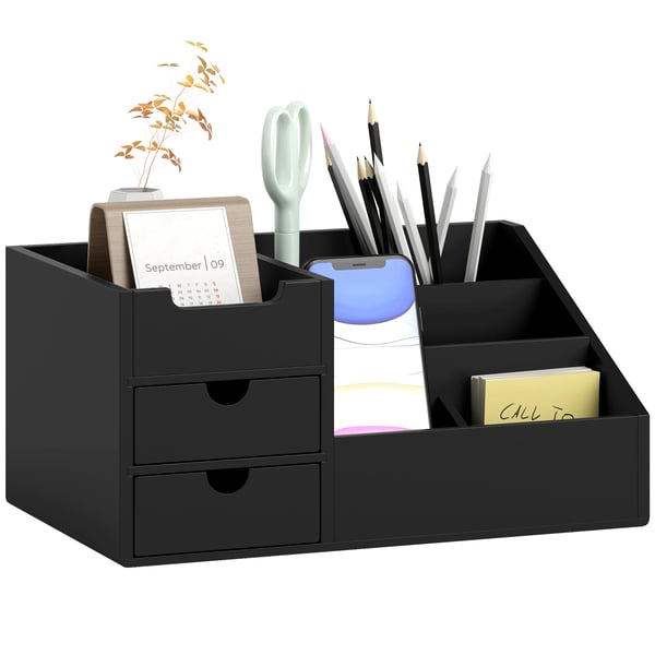Skrivbordsorganisatör - Bambu - 2 Lådor - 6 Fack - Hylla - 33×20,5×15,5 cm - Svart