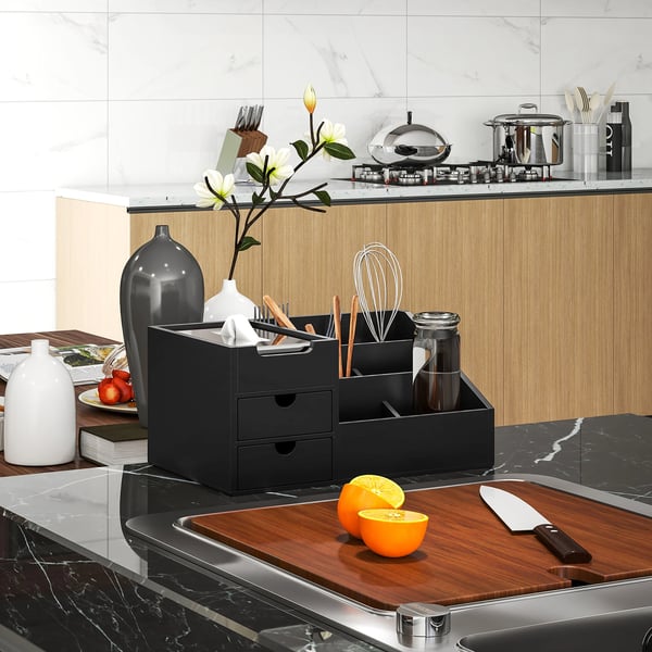 Skrivbordsorganisatör - Bambu - 2 Lådor - 6 Fack - Hylla - 33×20,5×15,5 cm - Svart