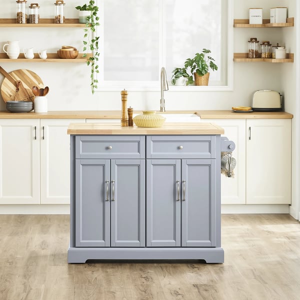 Keittiösaareke ja baarivaunu - FKW71-II - Ulosvedettävä työtaso - Laatikot - 115×92×(46–71) cm - Itsekoottava - Harmaa