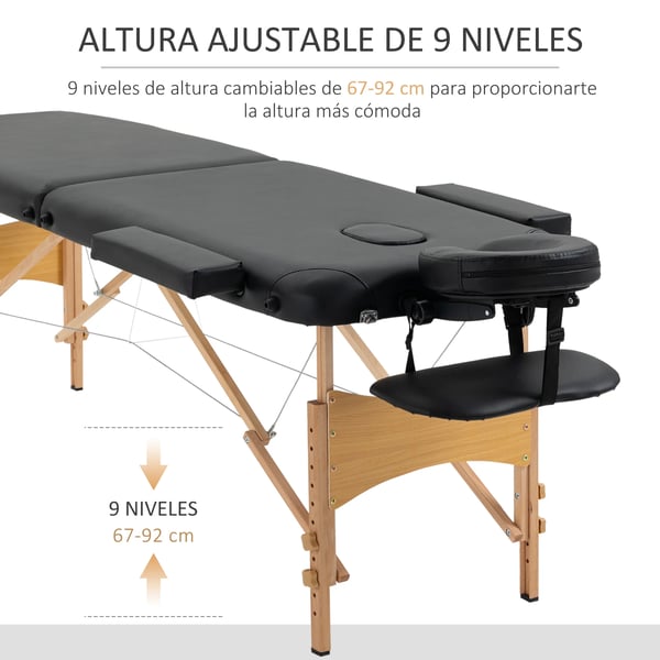 Massagebänk / Massagebord - Fällbar - Höjdjusterbar 67–92 cm - 210x81 cm - Syntetläder - För salong & fysioterapi - Svart