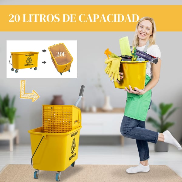 Mopp-hink - Med urvridare - Skiljevägg - Hjul - Kapacitet 21–25 l - Mått 45 x 26,5 x 70 cm - Plast - Ljusgul