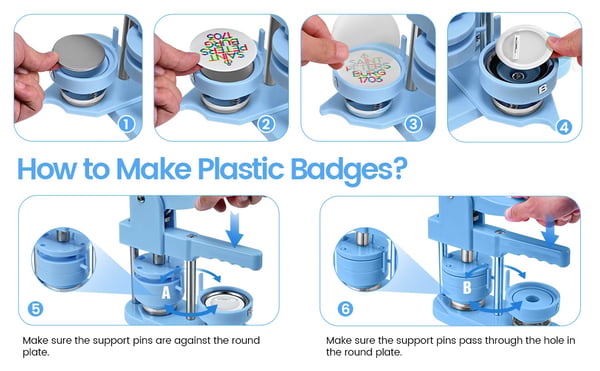 Knapmaskine - Badgepresse - 25/32/58 mm forme - 300 sæt plastbadges - 10 flaskeåbnere - 10 nøgleringe - Rund papirskærer - Blå